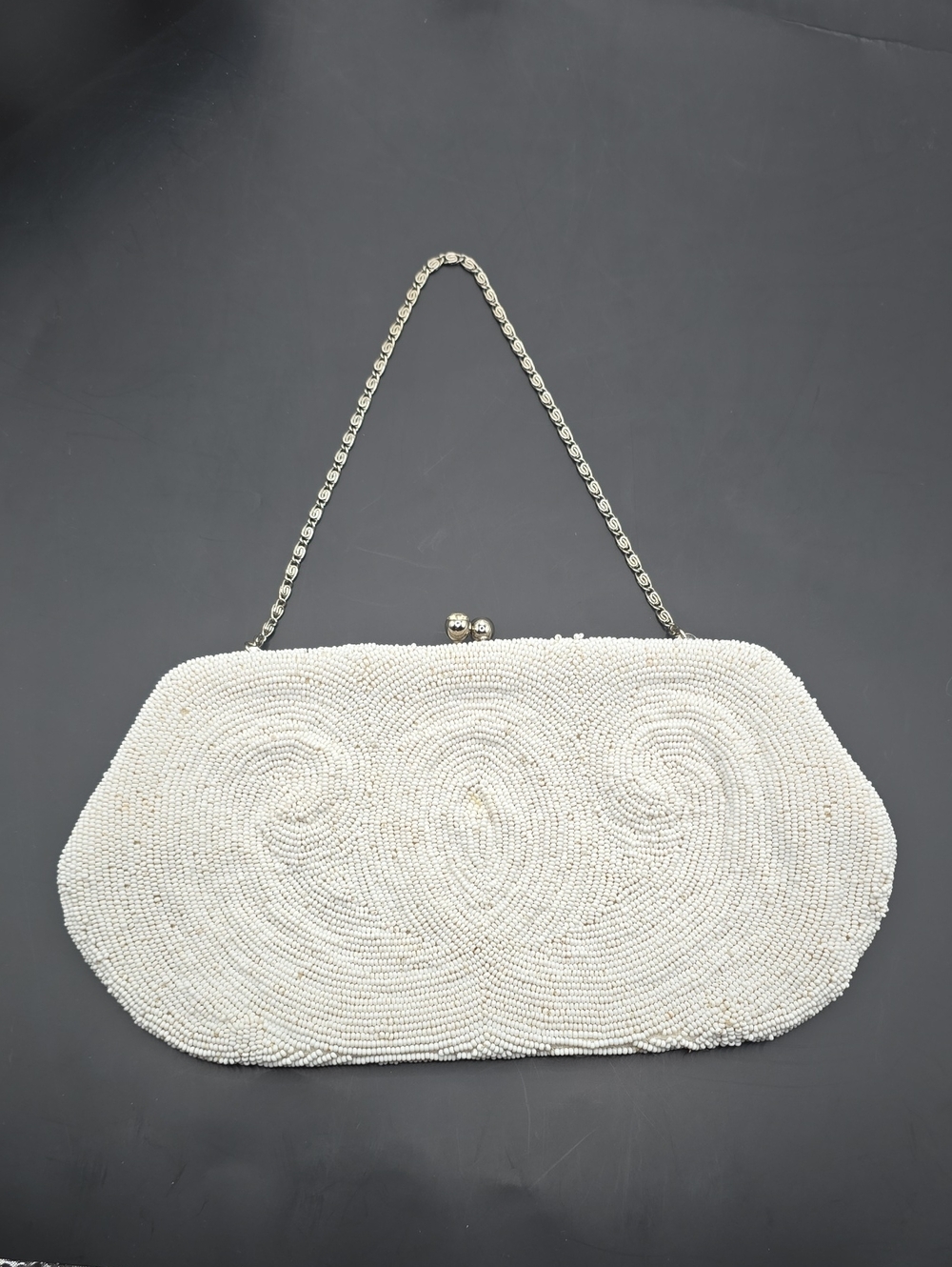 Vintage Richere White Beaded Handbag Clutch with Chain Strap
